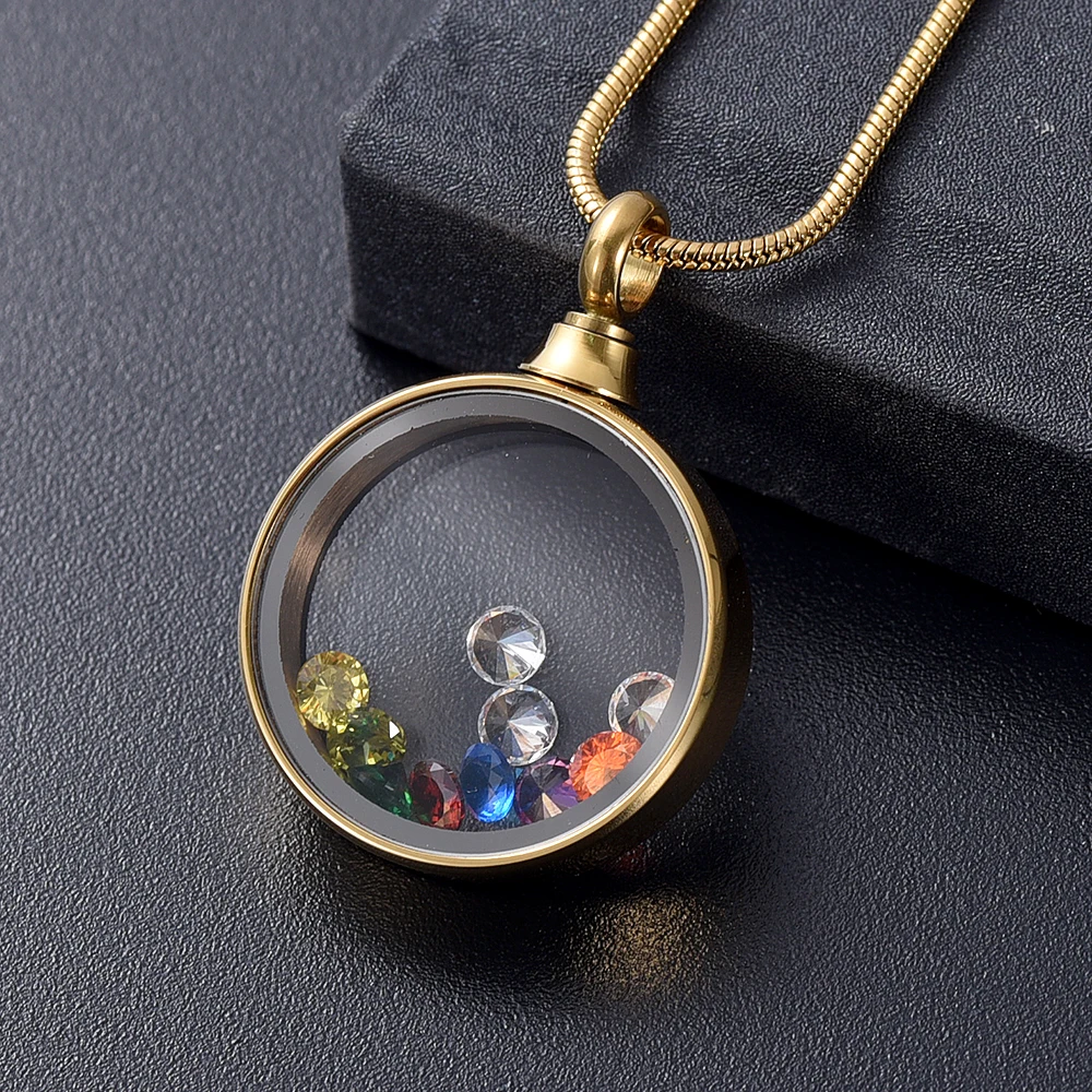 

IJD9821 Living Memory Floating Charms Stone Storage Silver Rose Gold Rainbow Color Round Clear Glass Locket Pendant Necklace