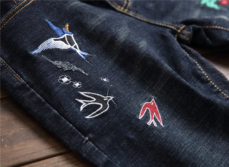 MORUANCLE новые мужские вышитые джинсы брюки Модные Узкие стрейч рваные джинсовые штаны для человека с птицы вышивка Размеры 29-38
