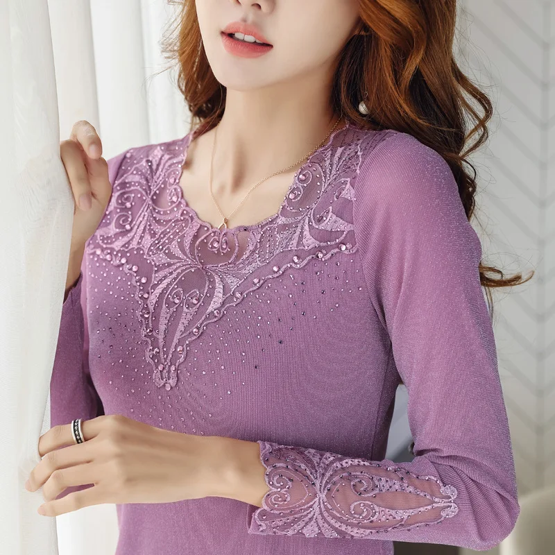 

Mesh blouse New Spring long sleeve women tops and blouses Fashion sexy hollow out Lace shirt plus size women blouse