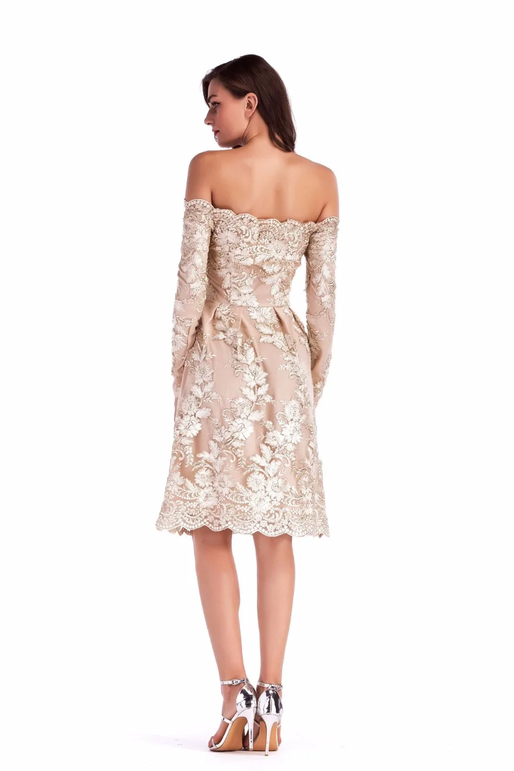 New Model Boat Neck Long Sleeve Knee Length Off Shoulder Elegant Lace