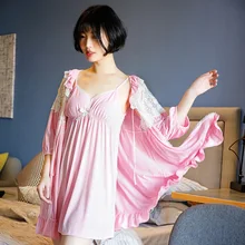 Весенне-летний комплект одежды для сна с вышивкой и кружевом, однотонные Модальные женские пижамы, платье из 2 предметов, домашняя одежда для сна