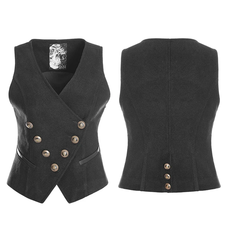 PUNKRAVE Women Punk Rock Retro Army Uniform Woolen Waistcoat Gothic Style Bronze Button Black Female Vest Formal Party Waistcoat