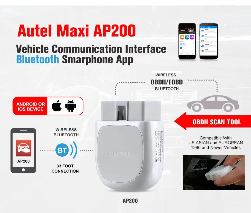 Autel MaxiAP AP200 Bluetooth OBD2 считыватель кода с полной системой диагностики AutoVIN TPMS IMMO сервис для семьи DIYers упрощенный