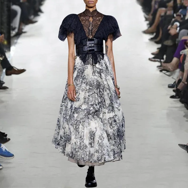 

New 2019 Summer Black Lace Mesh Patchwork Animal Printed Long Dress Women Sleeveless Ruffles Turtleneck Celebrity Runway Dress