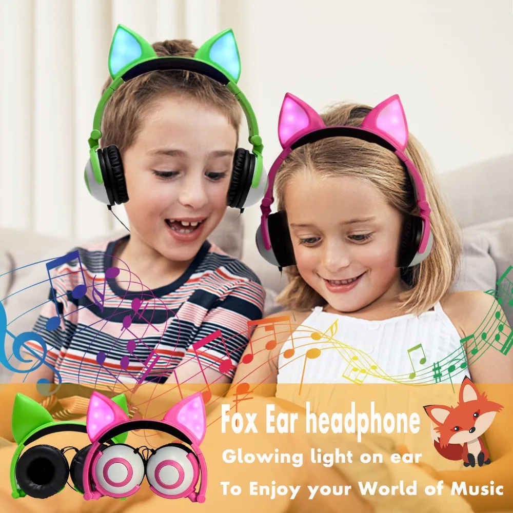 JINSERTA Kids Headphones LED Ear Flashing Glowing Earphone Fox Headsets Gaming Earphones for Adult Children Gifts