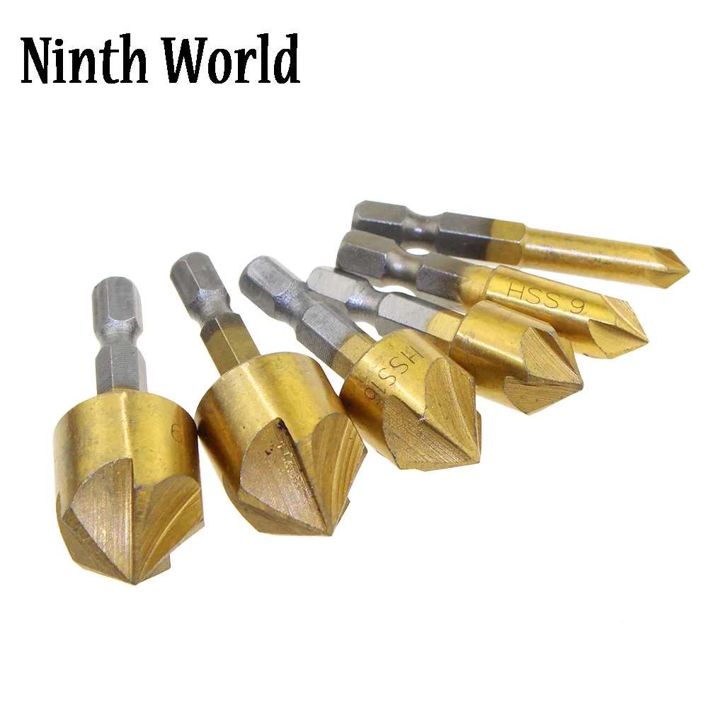 

6PCS 5 Flute Chamfer Countersink 1/4" Hex Shank HSS Wood Chamfering Cutter Chamfer 6mm-19mm Countersink Drill Bit