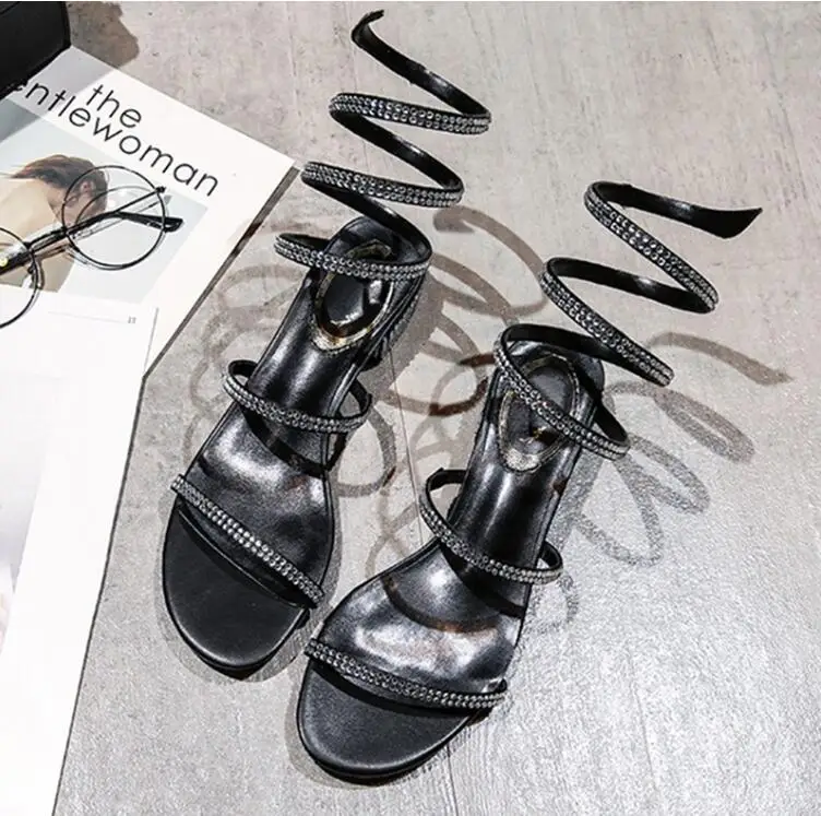 Г., сандалии-гладиаторы «Змея со стразами» Женская обувь на высоком каблуке с открытым носком и узкими ремешками со стразами Женская пикантная обувь для вечеринок - Цвет: Черный