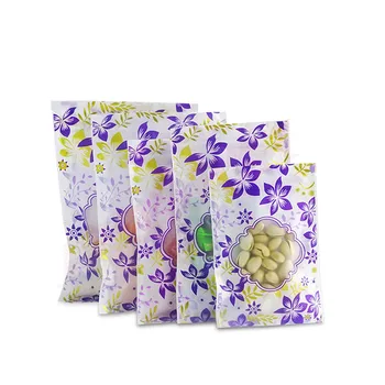 

100pcs Multiple sizes Purple Matte Clear Mylar Pouch Stand Up Bags Package Open Window Pouch Floral Print Storage Zip Lock Bags