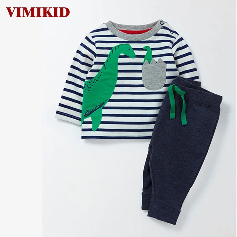 VIMIKID/комплекты одежды для мальчиков Осенняя полосатая блузка с круглым вырезом и рисунком динозавра+ однотонные повседневные штаны комплекты детской одежды k2