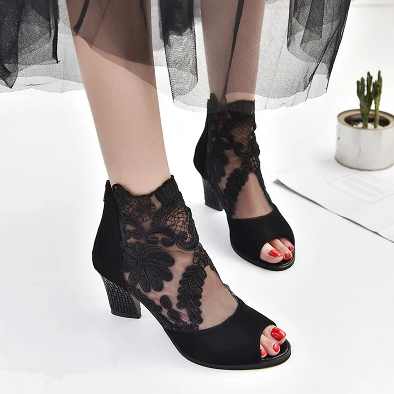 

Oeak Sweet Lace Floral Women Pumps Zipper Peep Toe Platform Shoes High Heel Sandals Cosplay Party Shoes