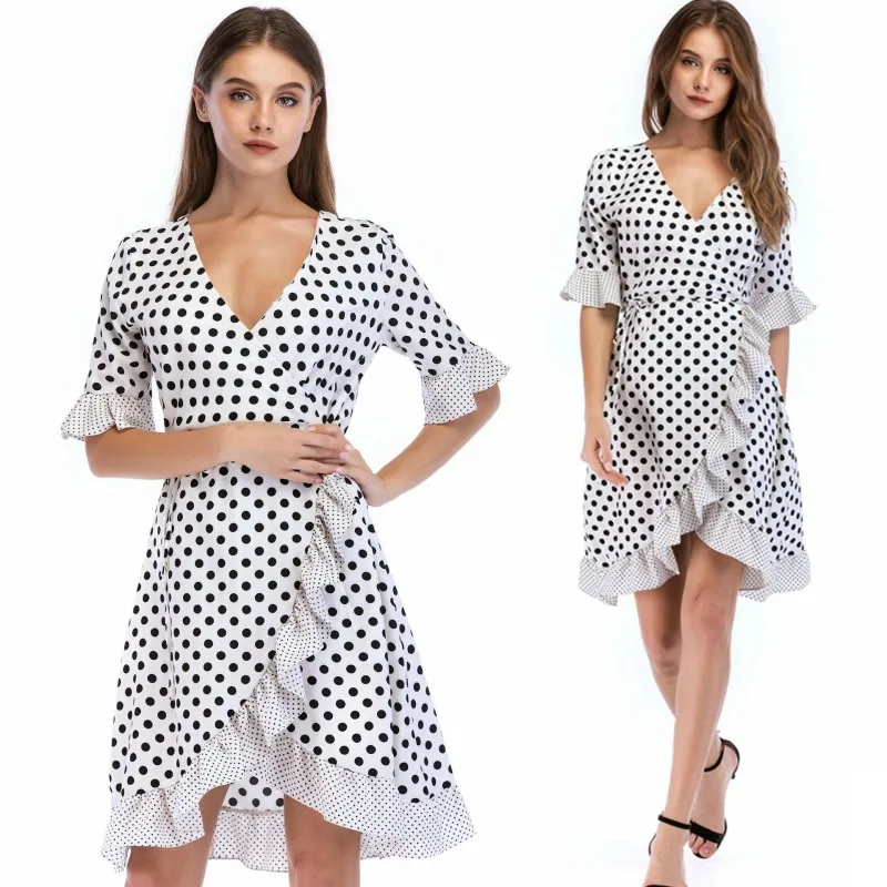 Винтажное платье летнее Новое половинное платье с v-образным вырезом Vestidos женское элегантное платье в горошек с принтом повседневное милое платье женское
