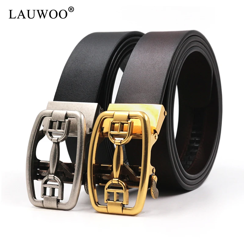 LAUWOO Men's Belt Genuine Leather Automatic Buckle Men Belts Hollow Out