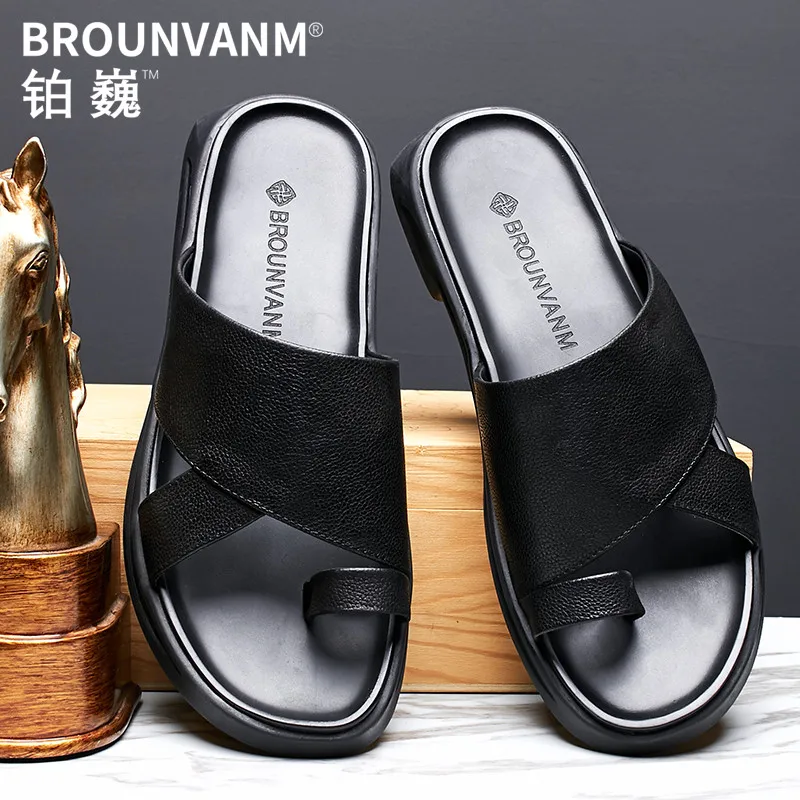 US 6-9 Men's Summer Flip-Flop Slippers Litchi Stria Sandals Cow leather Trendy Man Nonslip Outdoor Slides