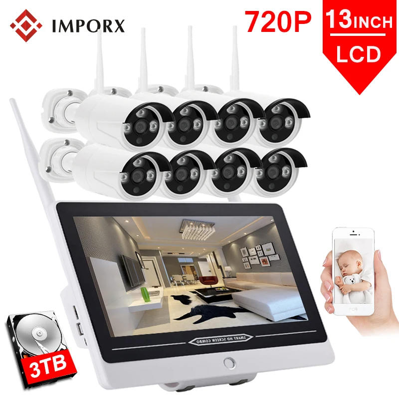 8CH 720P Wireless NVR Kit Security CCTV IP Camera System NVR 13 inch LCD Monitor 8 PCS Camara P2P Wifi Video Surveillance Set 8CH 720P Wireless NVR Kit Security CCTV IP Camera System NVR 13 inch LCD Monitor 8 PCS Camara P2P Wifi Video Surveillance Set