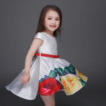 

&E-babe&Wholesale summer new Europen style toddler girls silk printed flower short-sleeve dress with belt kids party dress