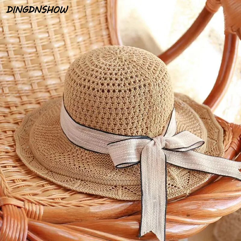 

[DINGDNSHOW]Fashion Sun Hat Wide Brim Hat Women Linen Straw Hat Ladies Elegant Summer Cap Bow Beach Hat