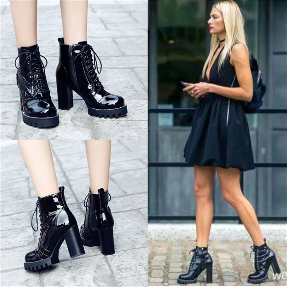 Prova Perfetto Brand Design Black ankle Boots Women Lace-up Real Leather Platform Shoe Woman Party Ankle Boots High Heel Boots