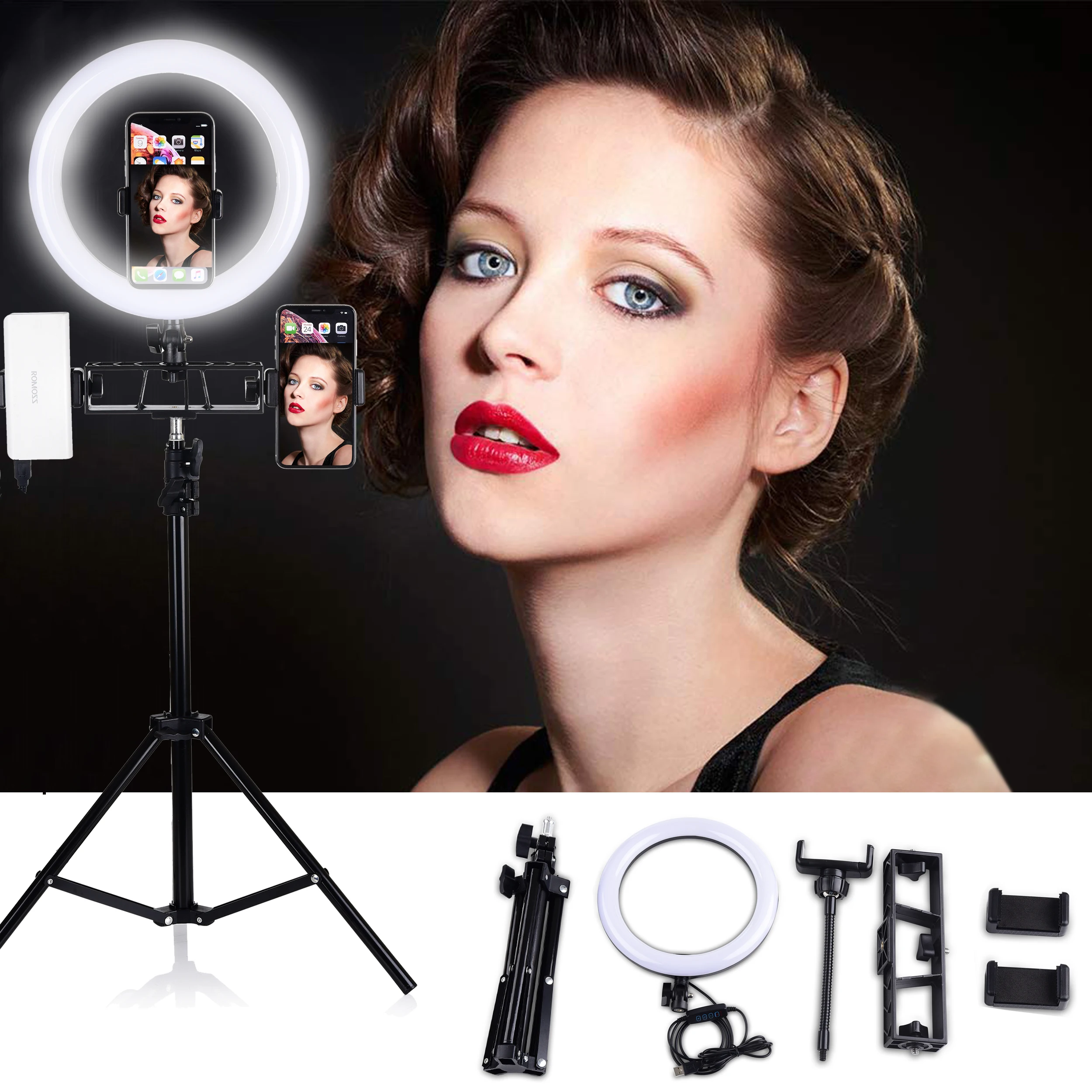 

10inch 26cm USB Interface Dimmable LED Selfie Ring Light Camera Phone Photography Video woman Makeup Lamp 160 Tripod Phone Clip