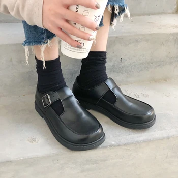 

2019 spring new women's Japanese round head buckle leather shoes single shoes British wind flat shoes.