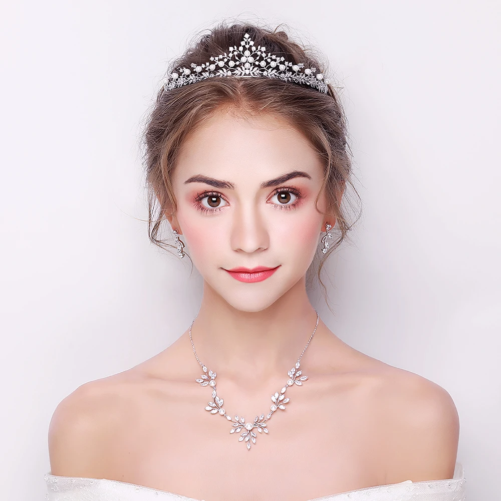 

Modest Marquise-Cut Zircon Jewelry Sets AAA Cubic Zirconia Paved Crown Tiara Simulated Pearl Necklace Earrings Bijoux Set Women