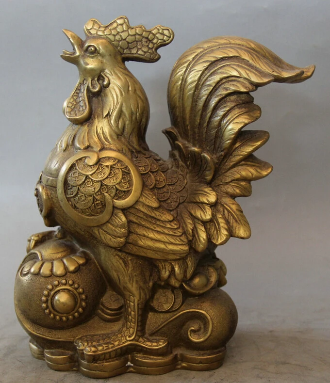 

Fast shipping USPS to USA S2048 9" Chinese Brass Fu Wealth Money Ru Yi Zodiac Year Rooster Cock sculpture Statue