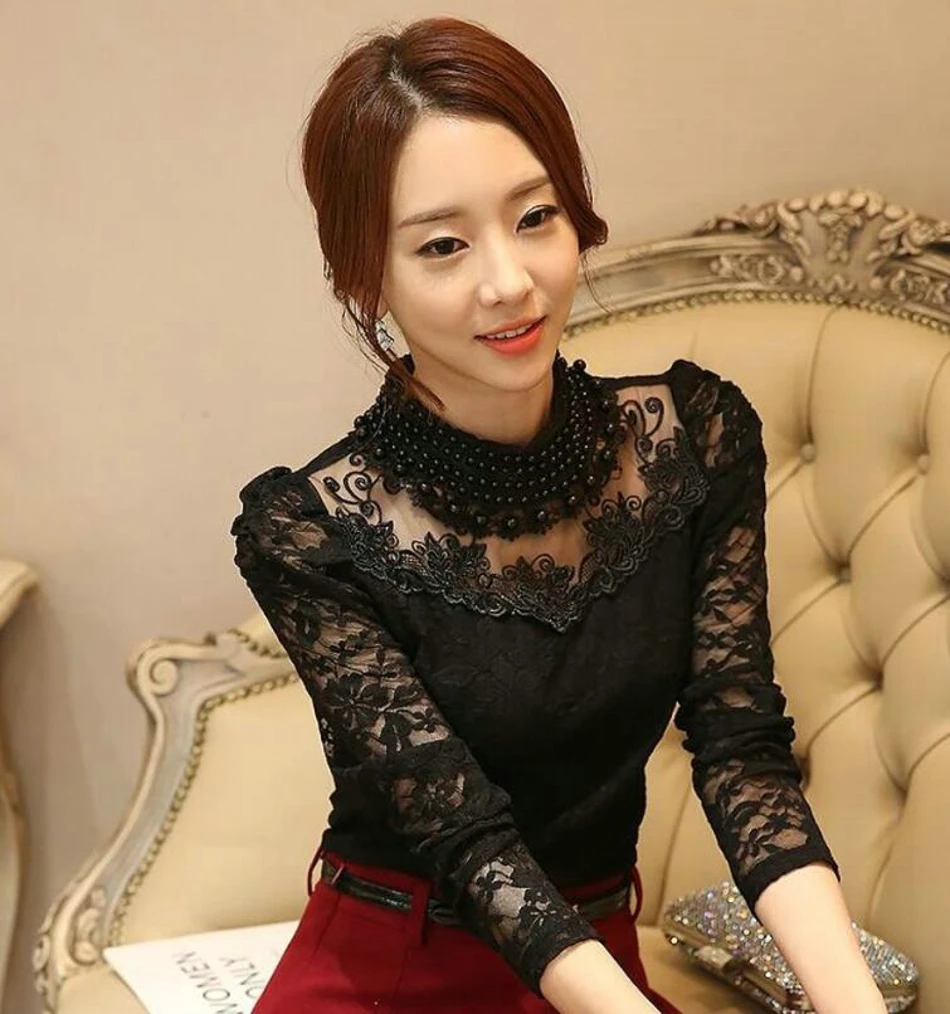 Lace Blouse 2017 Fashion Autumn Women Blouse with Long Sleeve White Studded Beaded Pluse Size Blouses02