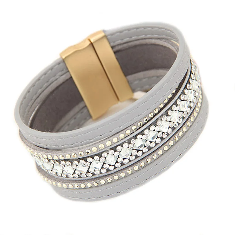 

LEMOER Magnetic Clasp Bohemia Handmade Full Stone Shining Layers Leather Bracelets Bangles for Women brazaletes pulseras mujer