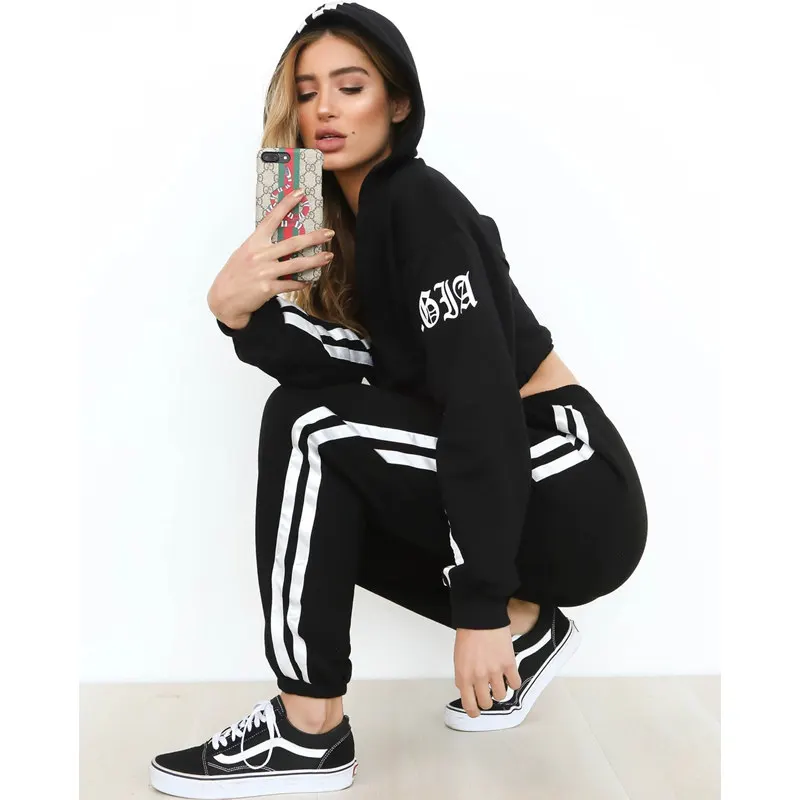 

Z&P 2019 Women's Tracksuits 2 Piece Set Black Crop Top And Pants Fashion Casual Lady Tumblr Long Sleeve Hoodies Pants Suit