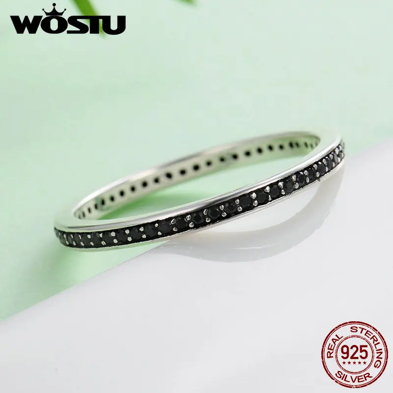 WOSTU Аутентичные кольца из стерлингового серебра 925 пробы с черным фианитом для