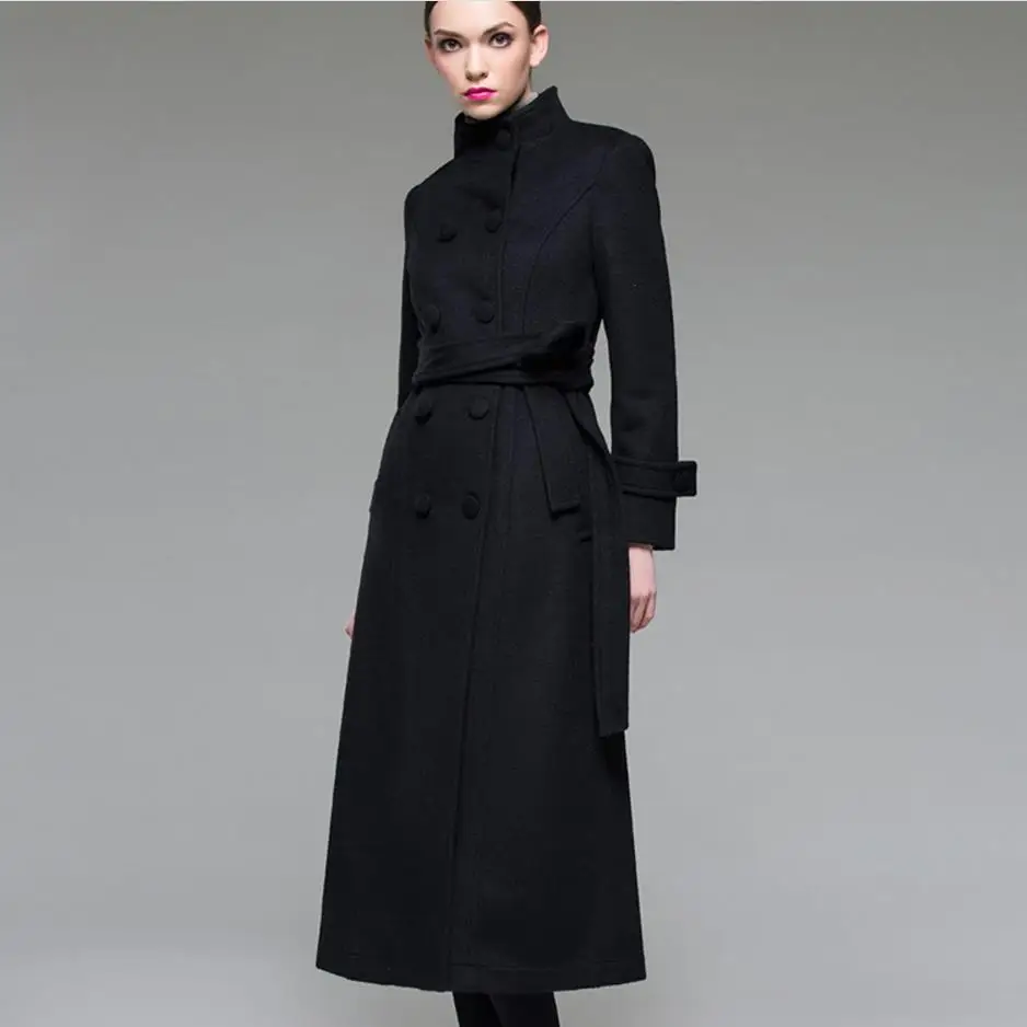 Новое модное шерстяное пальто со стоячим воротником, тонкий двубортный Тренч, женское элегантное длинное шерстяное пальто с поясом