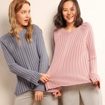 

Winter Round Neck Cashmere Sweaters Women Lotus Leaf Sleeve Loose Knit Pullover Solid Color Striped Casual Thick Female Sweater