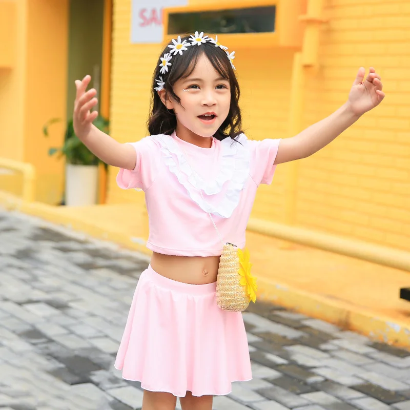 Children Swimwear Baby Girl Short Sleeve Two Piece Swimsuit Kids Skirt