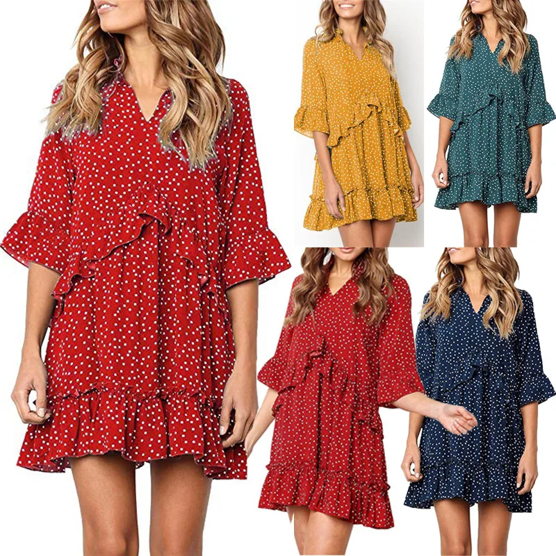 3XL Plus Size Women Dress 2019 Spring Summer Dresses Casual Half Sleeve Ruffle Patchwork Dot Dress Fashion Leisure Loose Dress
