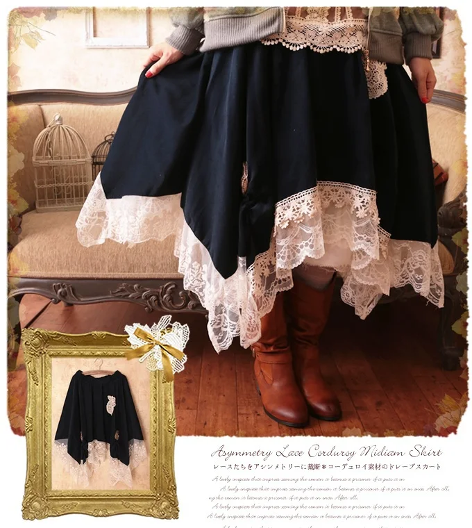 Mori Girl Lolita Vintage Lace Crochet Corduroy Skirt Asymmetrical Unique Novelty Saia Longa Women Winter Skirt Vintage CLothing mini skirt