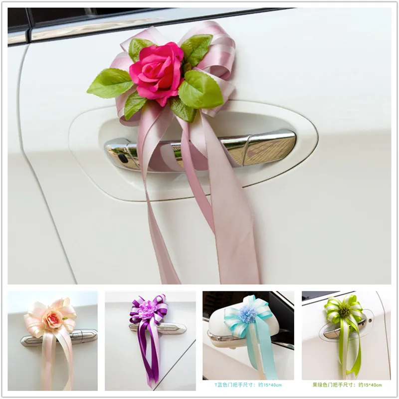 

1Pcs Bridal Car Mirror Door Decoration Silk Ribbon Flower Wedding Party Artificial Flowers Chair flower decoration GPD8810