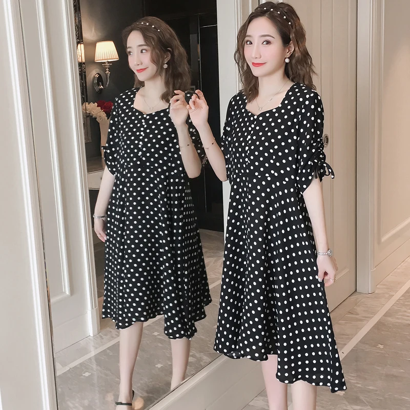 

618# Sweet Black Dot Printed Chiffon Maternity Dress Summer Fashion Clothes for Pregnant Women Elegant Lovely Pregnancy Clothing