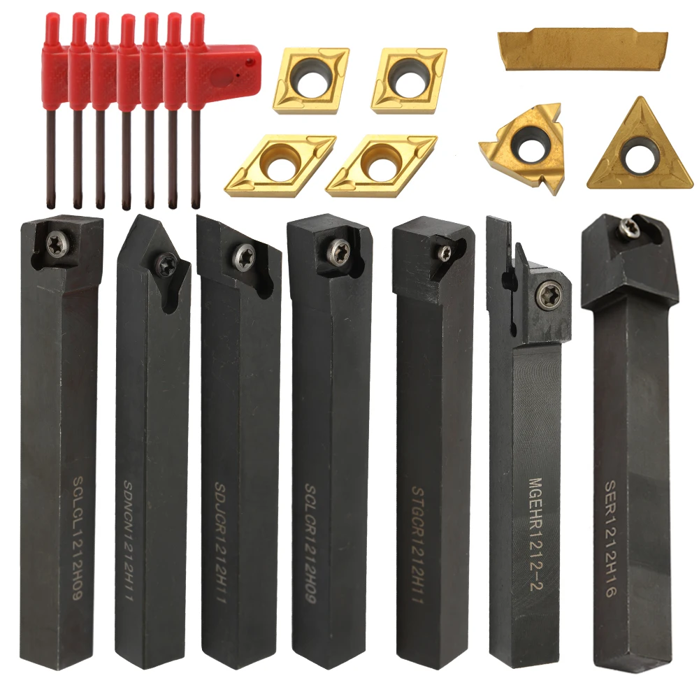 Carbide Insert Blade Kit 7 Set 12mm Shank Lathe Turning Tool Holder Boring Bar 