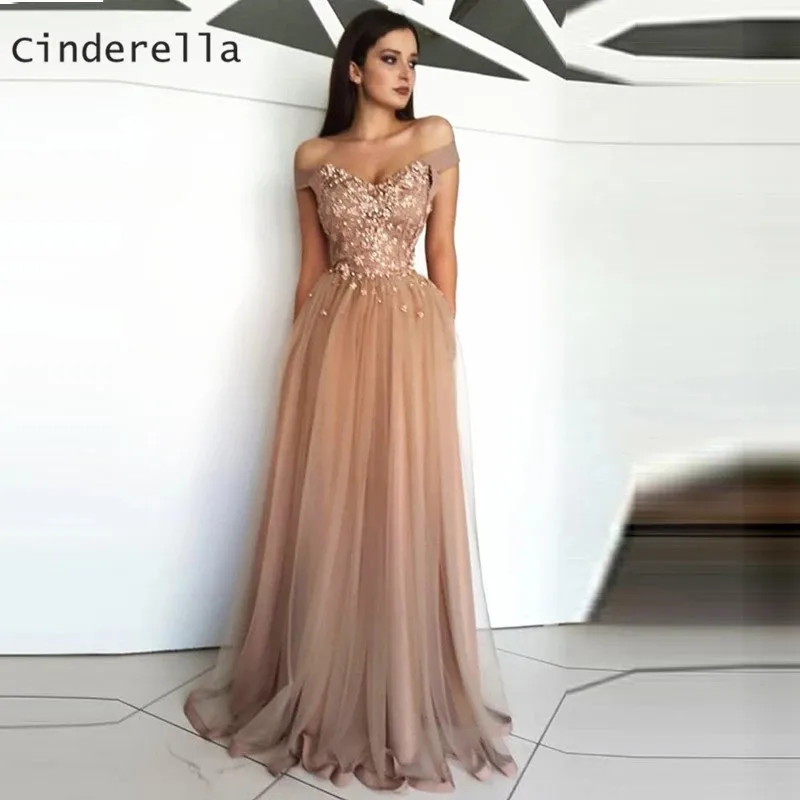 

Cinderella V-Neck Off The Shoulder Lace Applique Crystal Pearl Beaded Soft Tulle Prom Dresses Floor Length Party Gowns For Prom