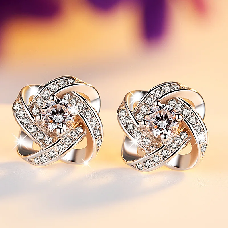 925 стерлингового серебра цветок Клевер серьги-гвоздики Свадебный элегантный кубический цирконий камень серьги для женщин ювелирные