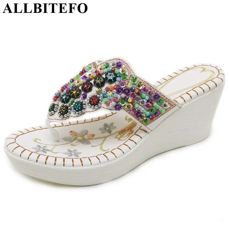 

ALLBITEFO brand wedding shoes women Summer comfortable high heel open toe slipper string bead hoof heels flip flops
