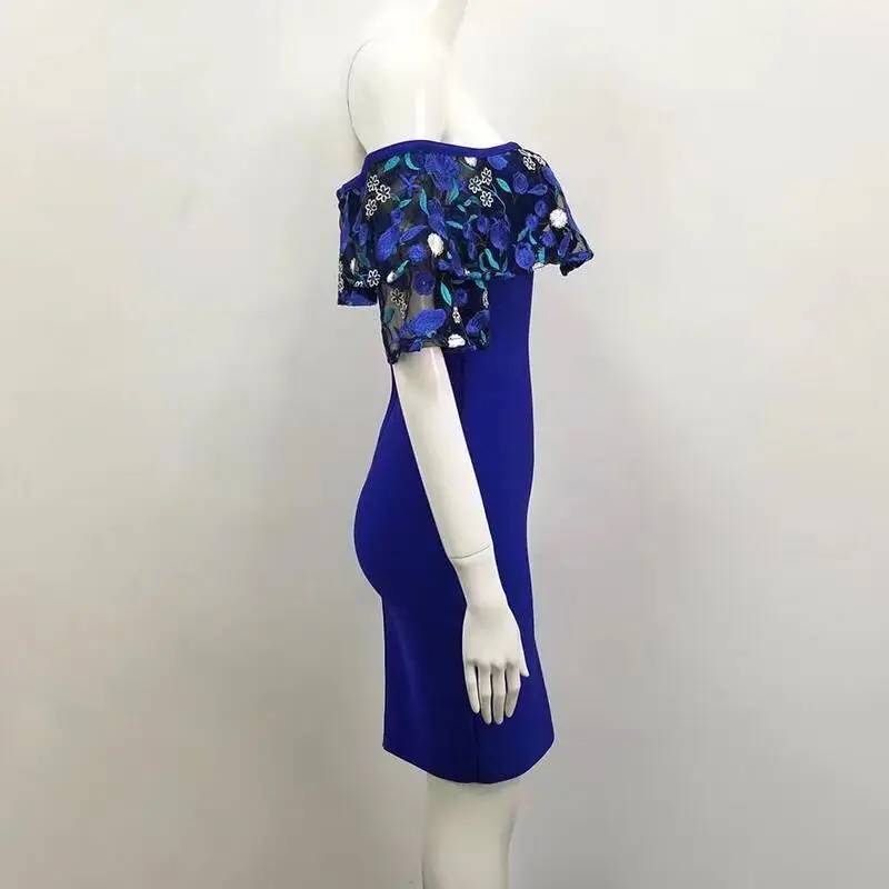 Sexy À Bleu De Bandage Robe Slash L'épaule Floral Cou 2018 Celebrity Manches Party Courtes Élégante Femmes UqdFXx4U