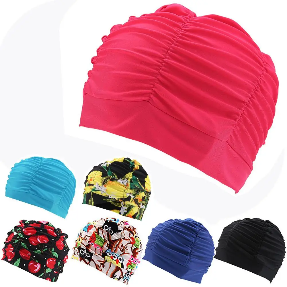 

Swimming Cap Fashionable Pleated Floral Printing Large Size Comfortable Swimming Equipment For Adult Women With Long Hair