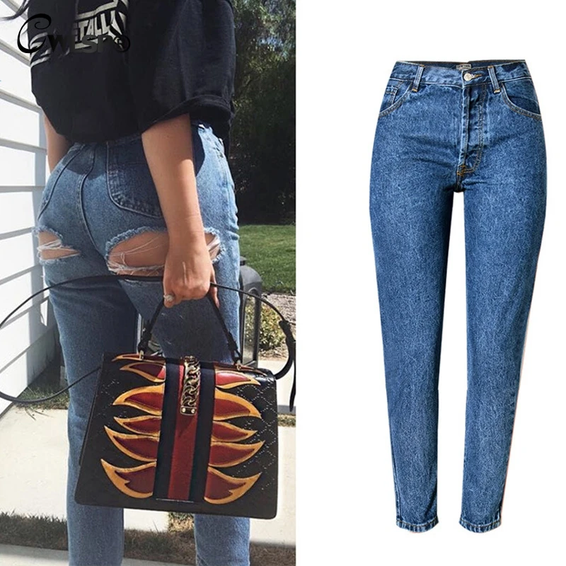 CWLSP Casual Jeans Woman Pants High Waist Bottom Ripped Holes Skinny jeans Sexy women Denim Pencil Pants jeans femme QL2916