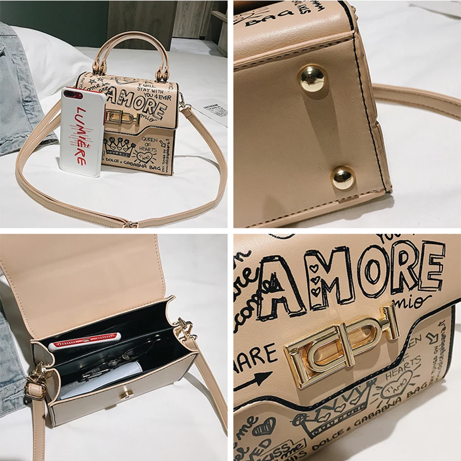 Designer Street Graffiti Handbag Women bag PU Leather Small Flap Bag Luxury Shoulder Crossbody Bag For Women Clutch Purse 2019