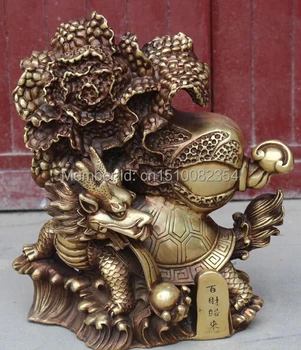 

12" Chinese Bronze Animal Dragon tortoise Turtle Ball Cabbage Baicai Sculpture