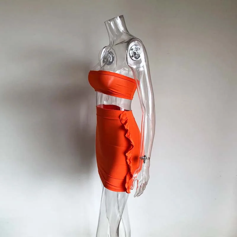 Beyprern сексуальный неоновый оранжевый Холтер Cris Cross мини-юбка комплект из двух предметов женский эластичный укороченный топ и юбка с оборками