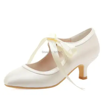 

Women wedding shoes mid heel Mary Jane Bridal prom party dress pumps satin ladies bride bridesmaids white ivory shoes HC1803-02