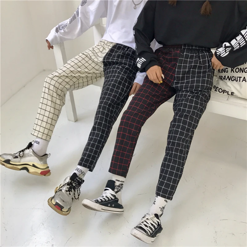 Korea ulzzang Harajuku pants summer lattice personality stitching Vintage plaid casual nine pants couple hip hop fun new pants