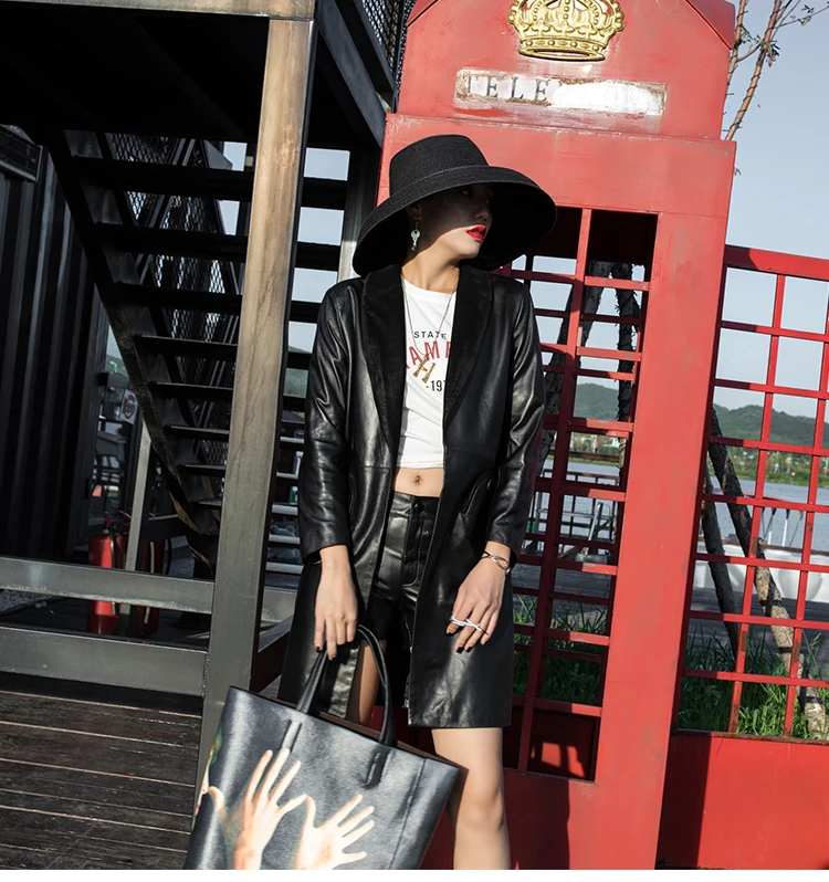 Уличная кожаная Тренч Женская Осенняя Повседневная боковая карманная Овчина натуральная длинное кожаное пальто длинный рукав тонкий Женский Тренч