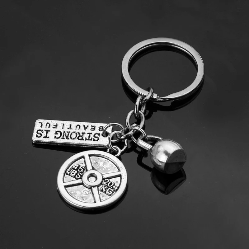 

1pcs Keyboards Keychain Fitness Keeep Fitness Sports Bell Kettle And Strong It's Beautiful Charm Body Building Key Ring For Men